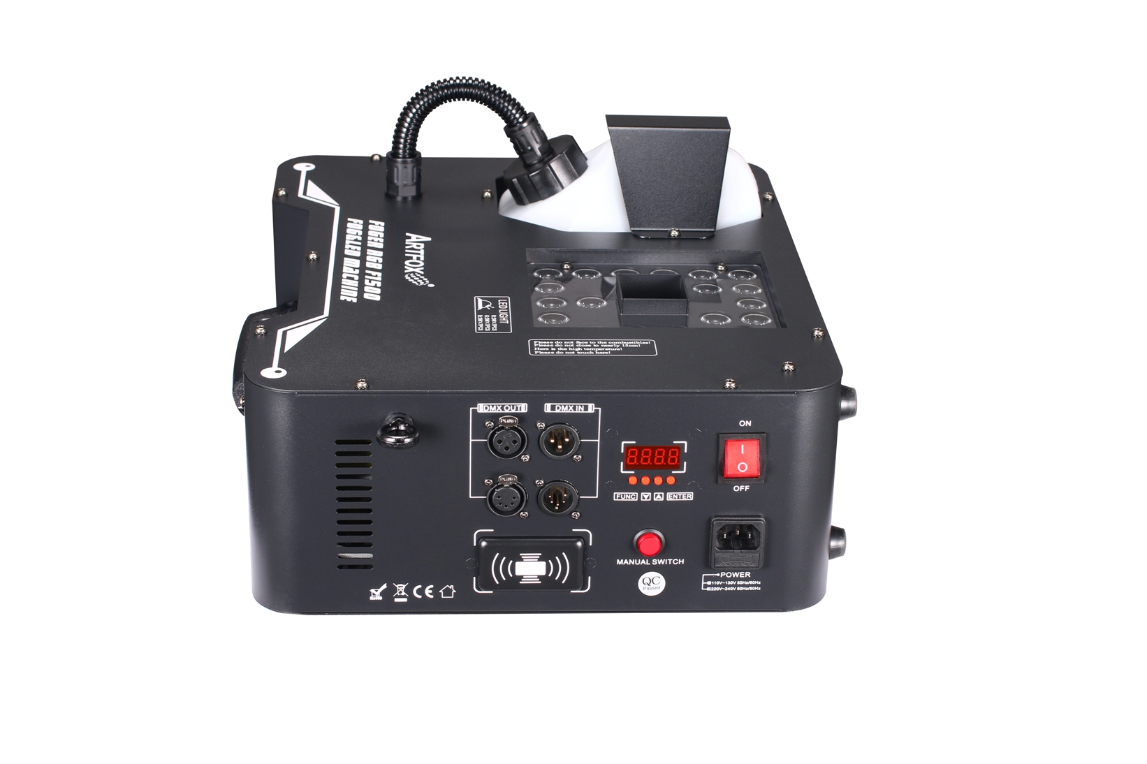 Fog Machine:1500w, 21x3w LEDs(7 Red, 7 Green, 7 Blue), Remote control